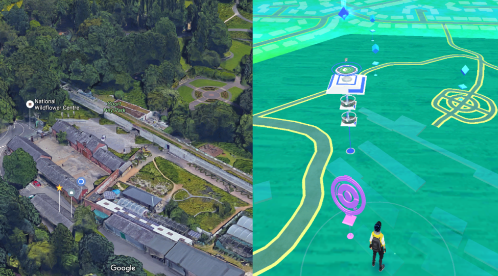 Figure 2. split view showing the 'real' aerial image and Pokemon GO avatar in a virtual overlay