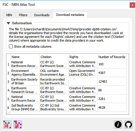 NBN Atlas tool download metadata tab